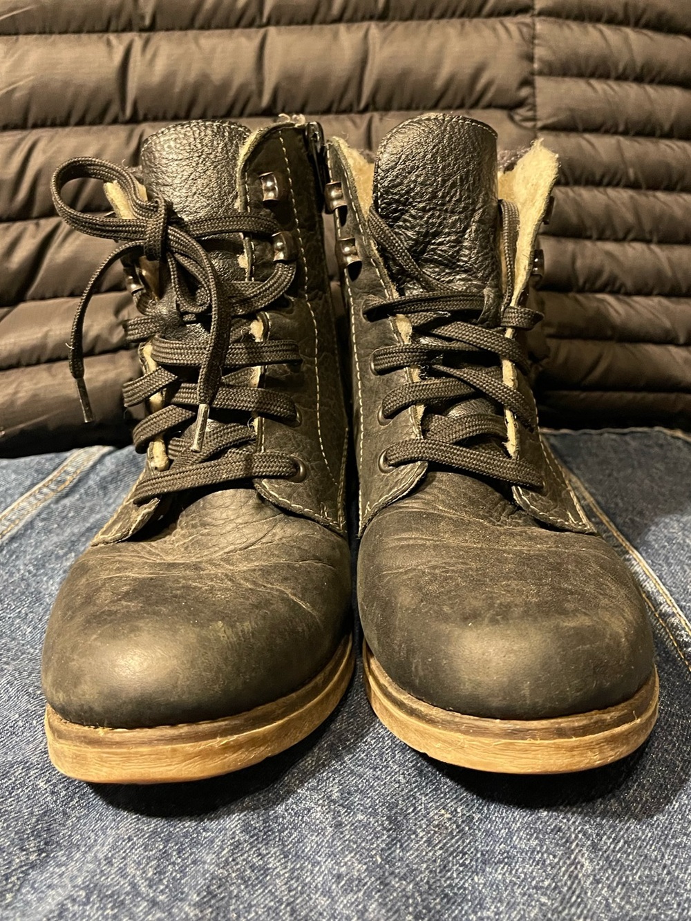 Rieker Fleece Lined Ankle Boots Leather Lace Up Side Zip Black Women 8